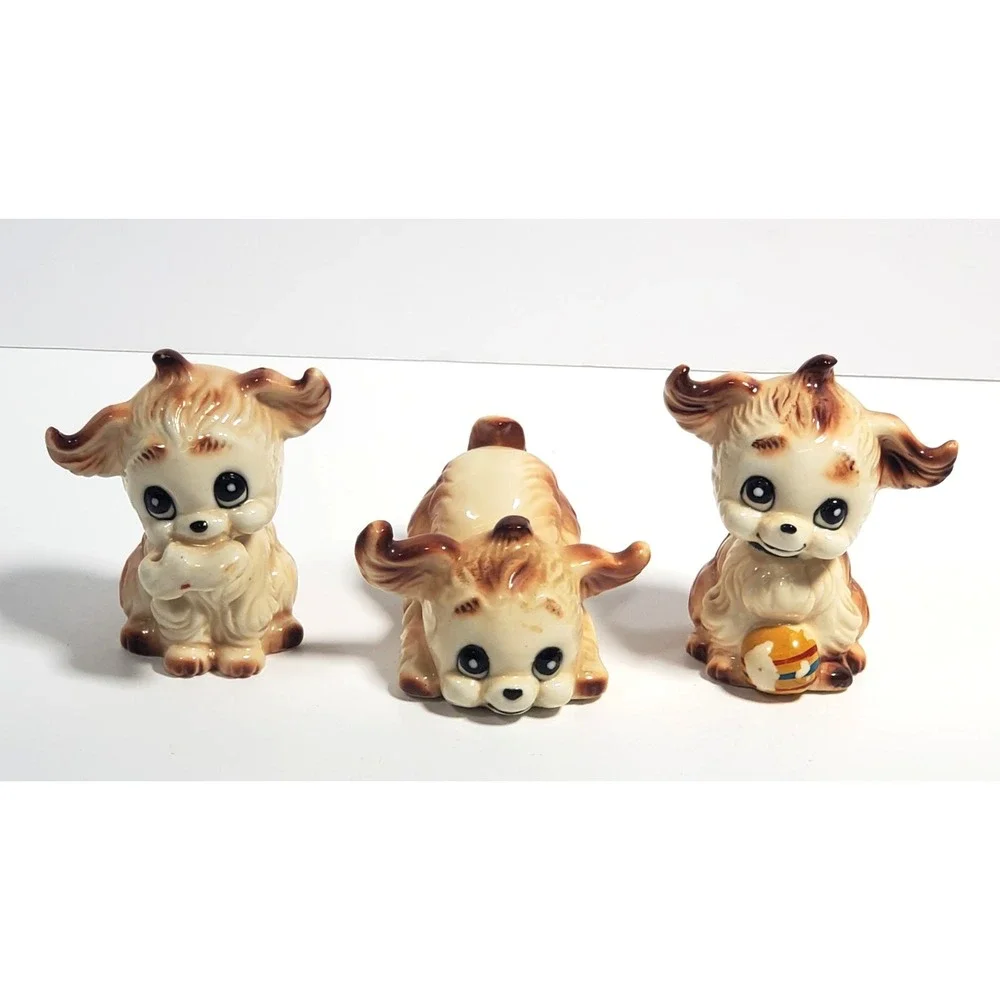 Vintage Dog Figurines Pekingese Puppies Playful Puppy Porcelain Set of 3 PLSREAD